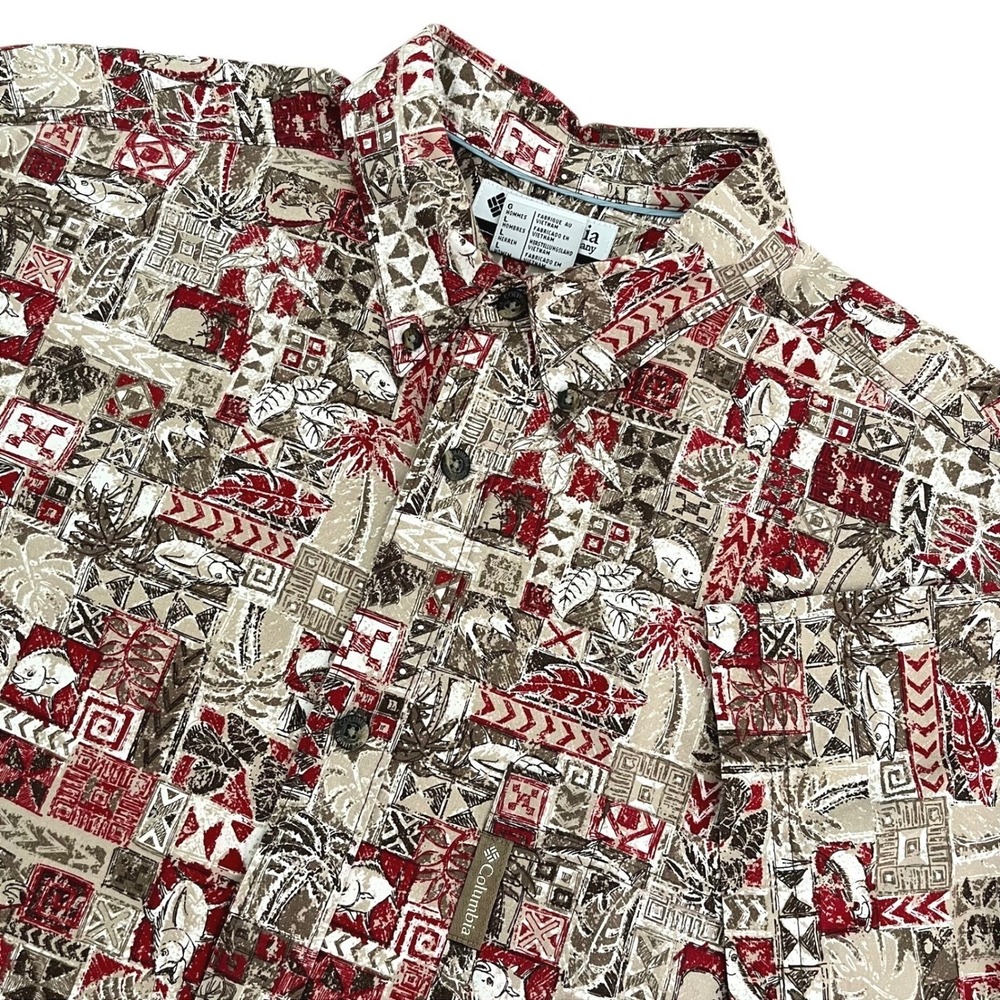 Columbia Mens Button Down Shirt L Red Tan Fish Tribal Geometric‎ AOP Tropical